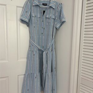 Karl Lagerfeld Light Blue and White Striped Midi Shirt Dress